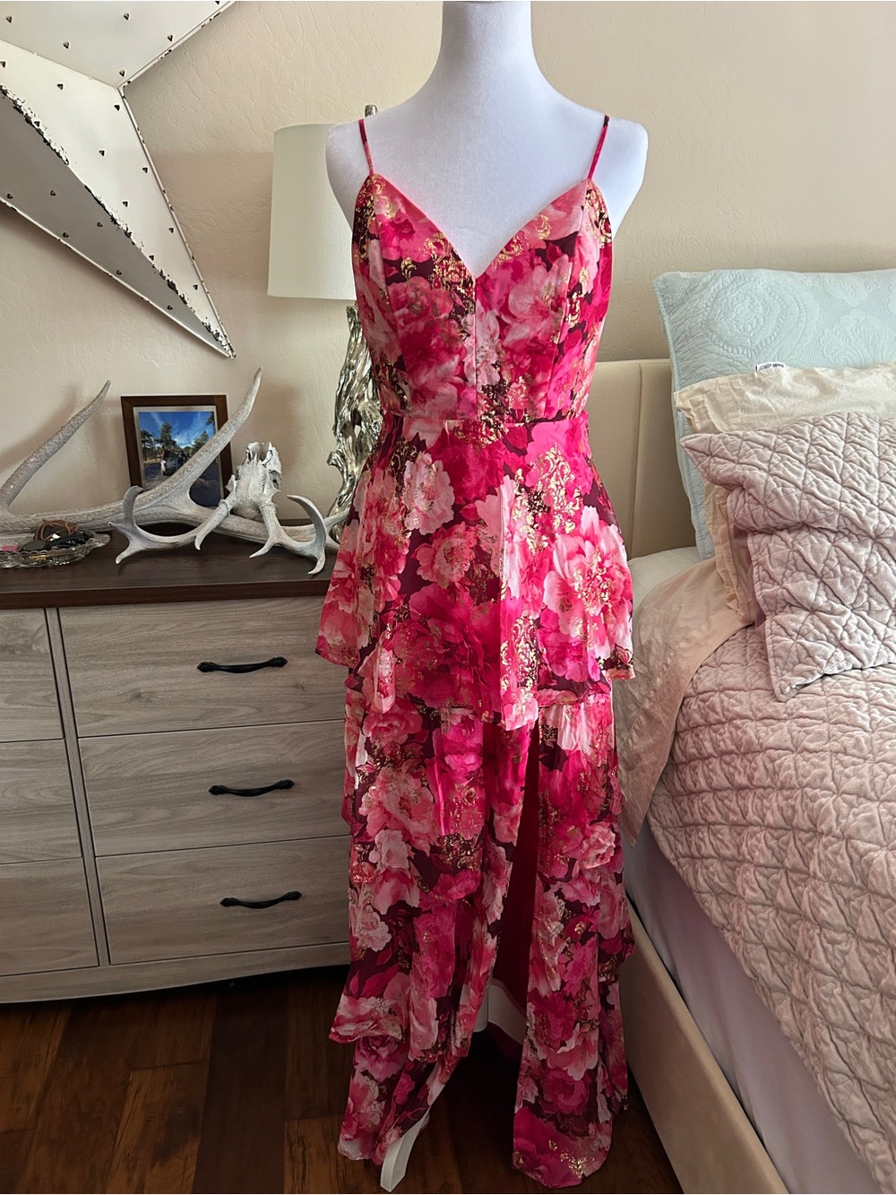 Crystal Doll Hot Pink Floral Dress with Fuchsia Accents